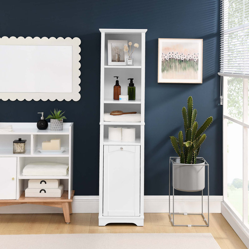 Lebreton Bathroom Cabinet With Laundry Basket,4 Adjustable Shelves & Removable Laundry Hamper, White