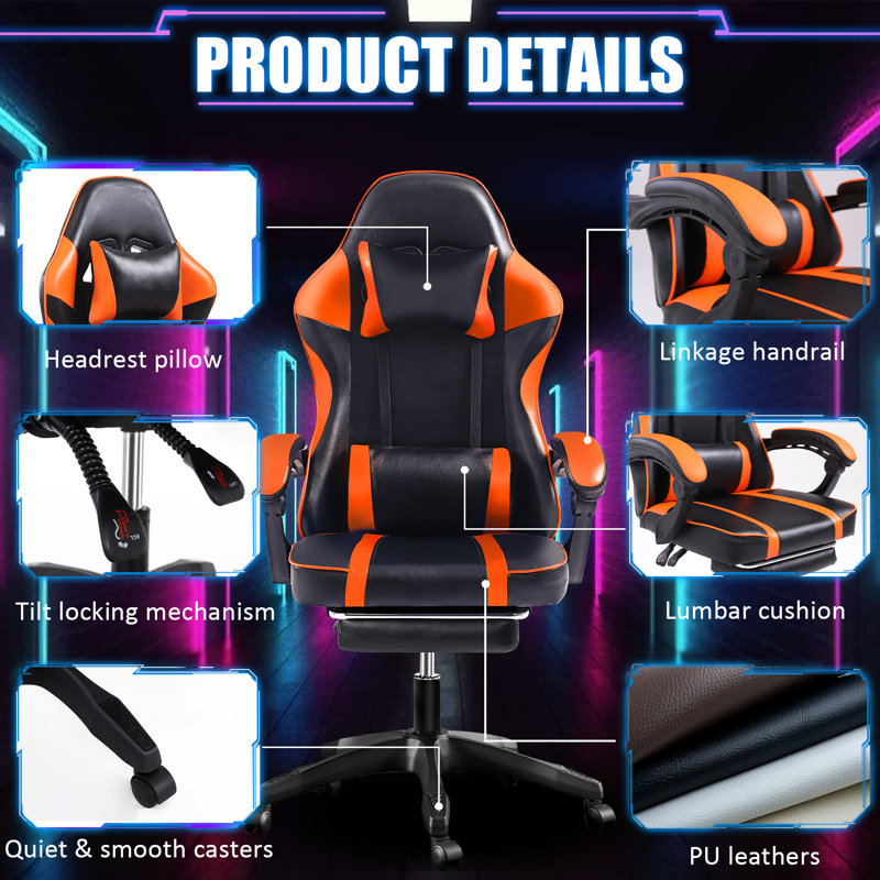 Wrought Studio™ Adjustable Reclining Leather Swiveling PC & Racing Game Chair, Black/Orange