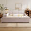 Lit tapissier en velours avec bureau de chevet et petit tabouret rond-811936902-811936897