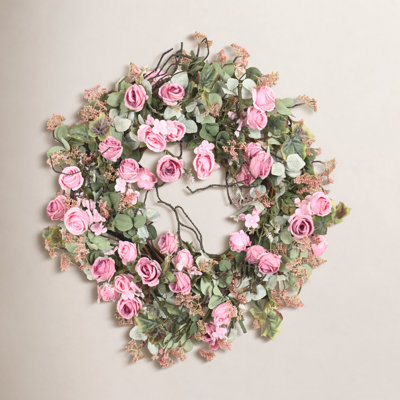 26" Artificial Farmhouse Twig Greenery Eucalyptus Ivy Berry Roses Spring Summer Front Door Wreath