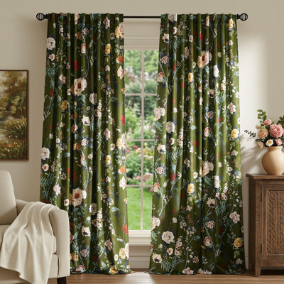 Luxury Velvet Patterned Room Darkening Curtain. Rod Pocket Back Tab Floral Drapes for Living room Bedroom（Set of 2）
