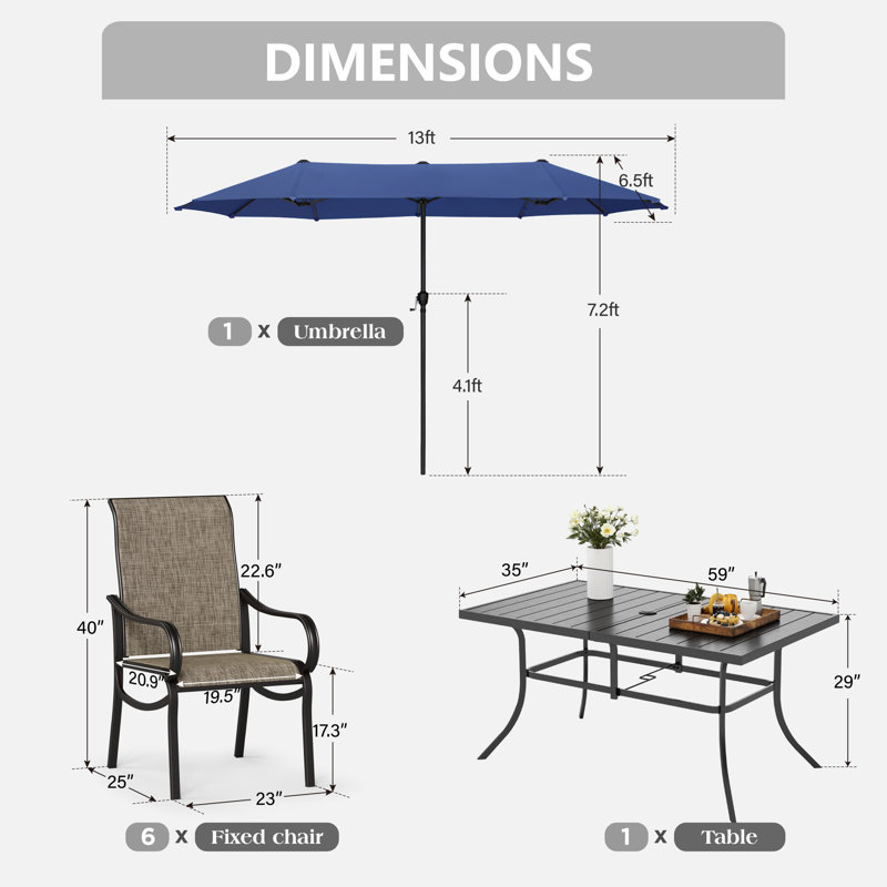 Ensemble de table de salle à manger d'extérieur pour 6 personnes avec parasol