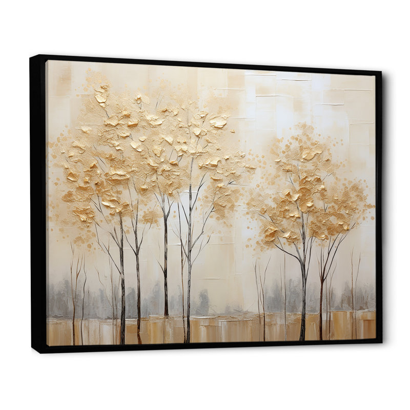 Minimalisme Golden Trees Tranquility I - art mural arbres, 12" H x 20" W, Cadre flottant noir