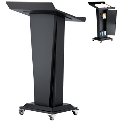 44.8" Modern Metal Podium Lectern with Wheels, Iron Church Pulpit Stand, Lockable Double-Layer Storage Design, Rolling Lectern for Classroom, Conference, Presentation and Wedding Use