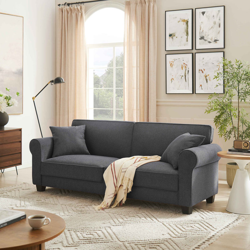 Linen Blend Upholstered Standard Sofa with Toss Pillows , Dark Gray Linen Blend