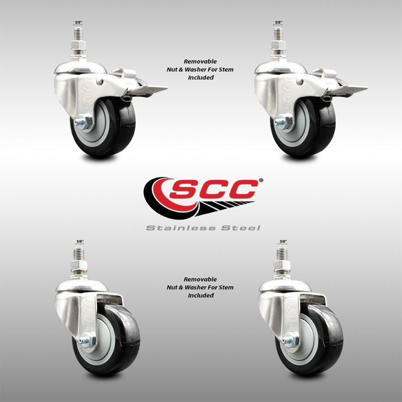 3 Inch_316SS_Polyurethane 3/8 Inch Threaded Stem Caster Set 2 Lock Brake, Black