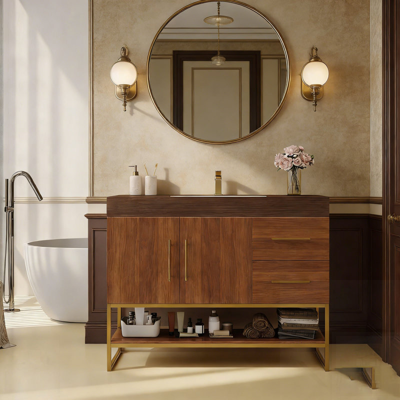 Modern Bathroom Vanity with Seamless Ceramic Sink and Gold Accent Free Standing Cabinet,  for Stylish and Efficient Storage