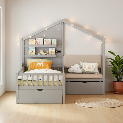 Twin Size House Bed With Upholstered Sofa, House Bed With Charging Station, Wireless Charging, Shelves And Two Drawers