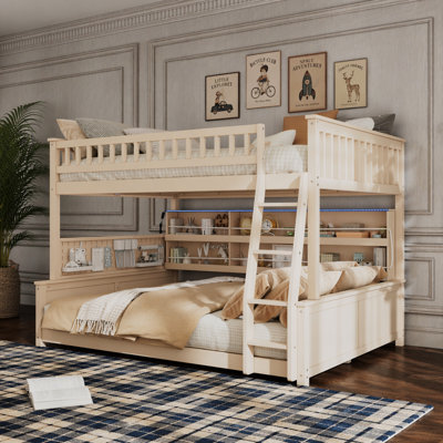 Full XL over Queen Bunk Bed with Integrated Shelving, Color-Changing Lights and Pegboard, Beige