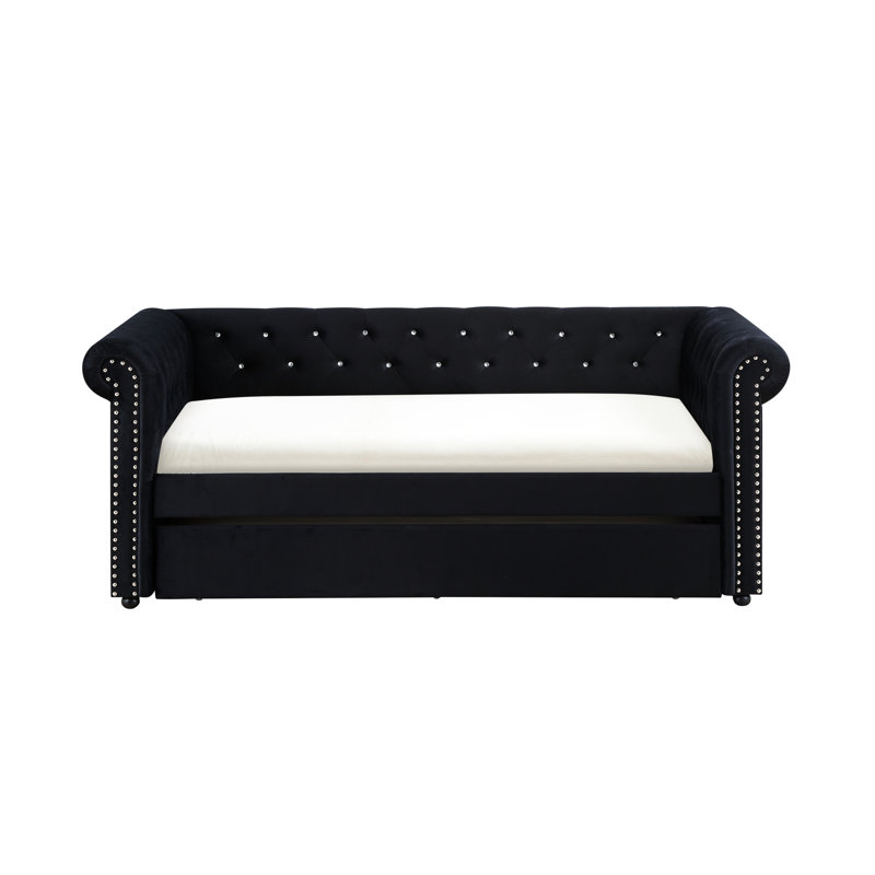 Lit de jour simple noir avec capitonnage à boutons Enchanting et lit supplémentaire escamotable Coussin intégré, Noir