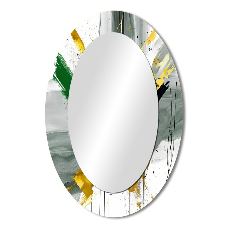 Jaune et vert abstrait Perspectives II - grand miroir mural ovale sur métal, 36 po x 24 po