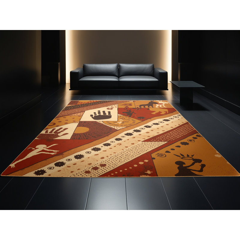 Machine Washable Orsolya Aboriginal Rock Art Global Inspired Block Print Rug in Brown – LightBrown Binding, 4x6