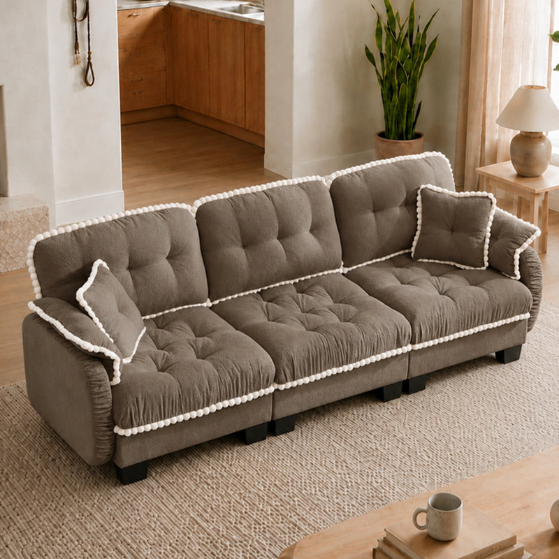 Canapé en chenille 100,7 po Cloud avec coussin lombaire et garniture pompon, Brun
