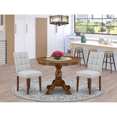 3 Piece Mid Century Modern Dining Table Set Includes A Wood Dining Table and 2 Light Gray Polyester Fabric Padded Chairs, Antique Walnut