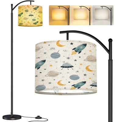  Arc Floor Lamp Rocket Ship UFO Outer Space Planets Moons Stars Hand Drawn Kids Tall Modern Standing Lamp LED Adjustable Linen Lampshade 3 Color Temperatures
