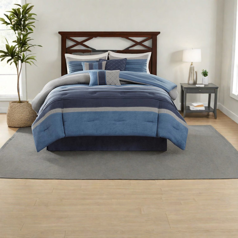 Ensemble de literie de luxe 7 pièces bleu marine, microsuède de polyester, style transitionnel pour le confort de la maison