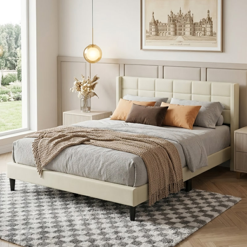 Base de lit plateforme grand avec tête de lit tapissier à oreilles, Beige, Grand lit