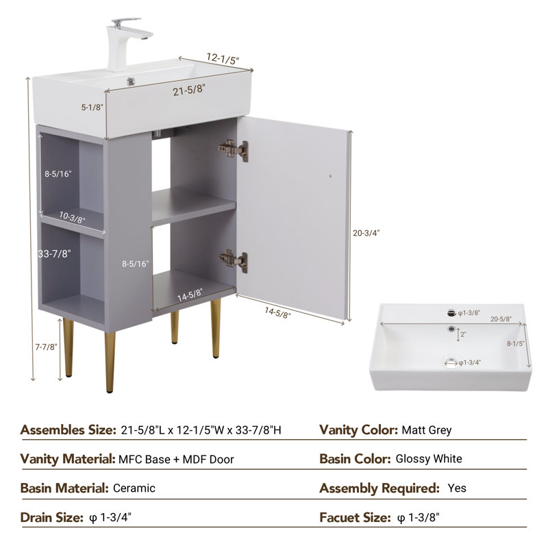 Meuble-lavabo autoportant avec lavabo et rangement en céramique, Gris pâle / gris