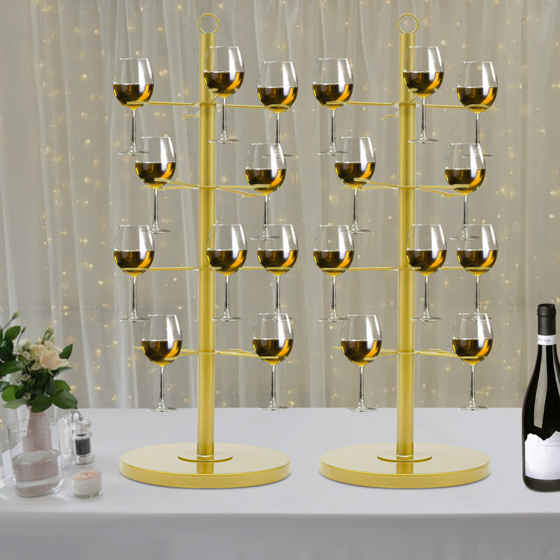 2 Piece 4 Tier Champagne Glasses Display Rack Cocktail Tree Stand, Gold