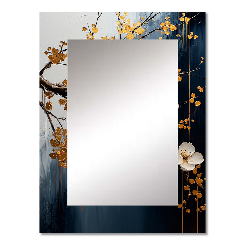 Or doré, branches de cerisier V - miroir mural unique, art traditionnel imprimé, 32 po x 24 po