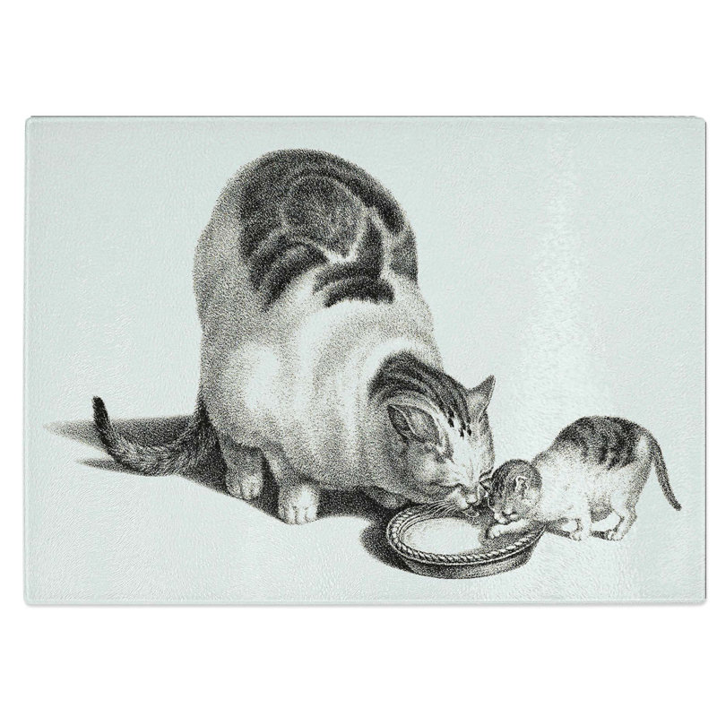 Tempered Glass Cat and Kitten Drinking Chopping Board, 28.5 cm W x 20 cm L