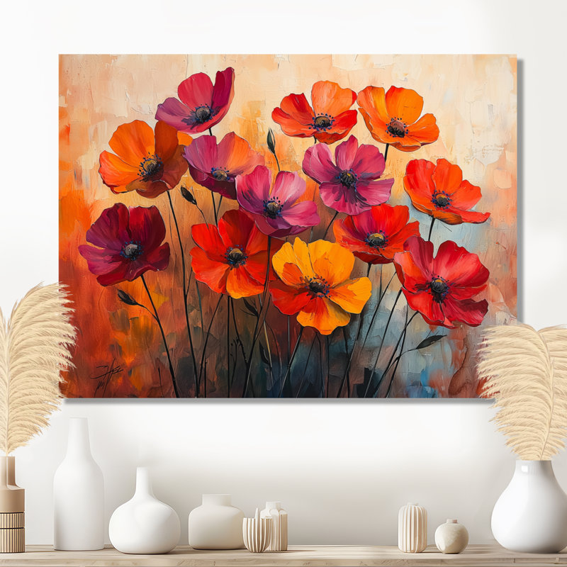 Jabryan orange dansant parmi les fleurs sauvages II - Art mural fleurs sauvages, H 12 po x l 20 po, Toile tendue