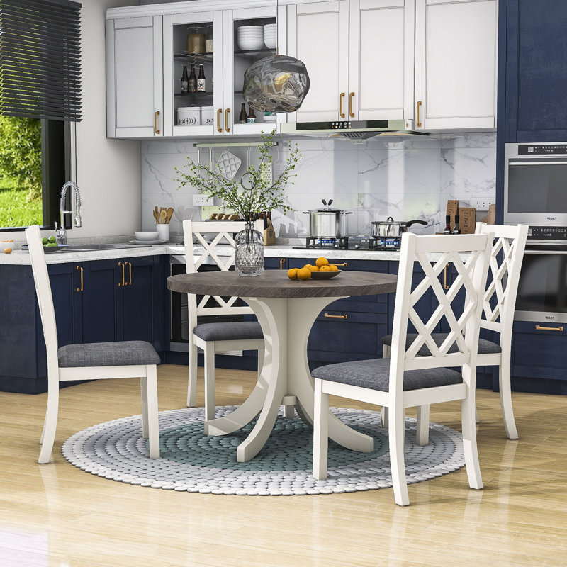 Avenly 5-Piece Round Dining Table Set, Kitchen Table Set with Upholstered Chairs for Small Places, Brown