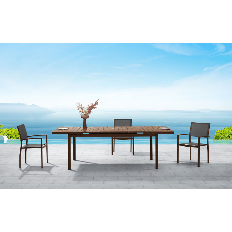 Ensemble de salle à manger extensible pour 8 personnes, plateau de table en aluminium avec trou pour parasol, Marron foncé