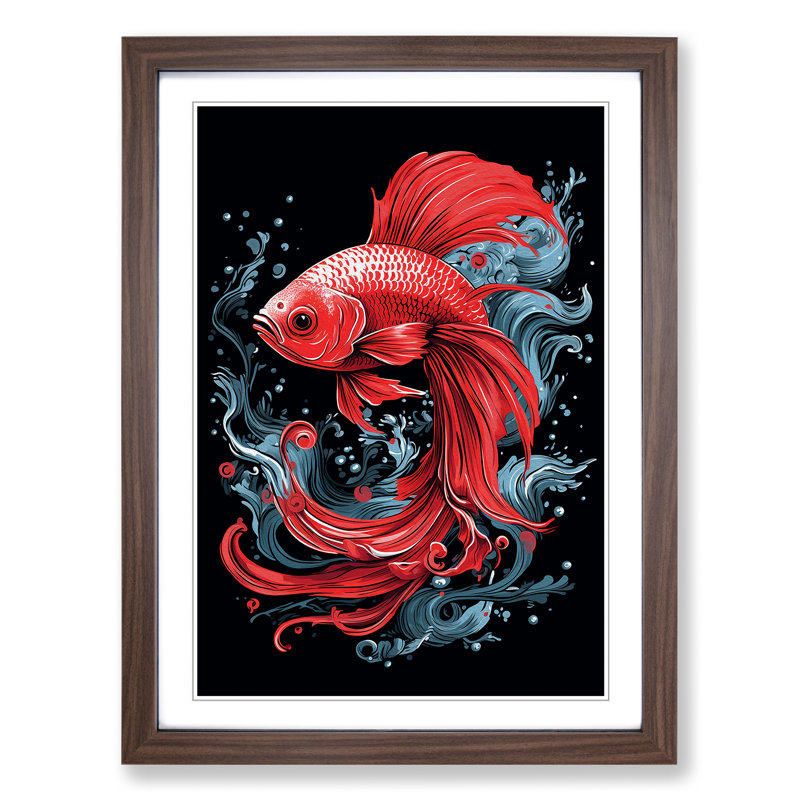 Siamese Fighting Fish Line - Framed Print, Walnut , 34cm H x 25cm W x 2cm D