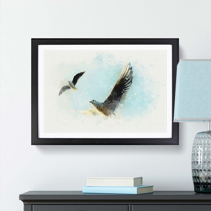 Pair of Flying Seagulls in Abstract - Picture Frame Graphic Art Print, Black Framed, 62cm H x 87cm W x 2cm D