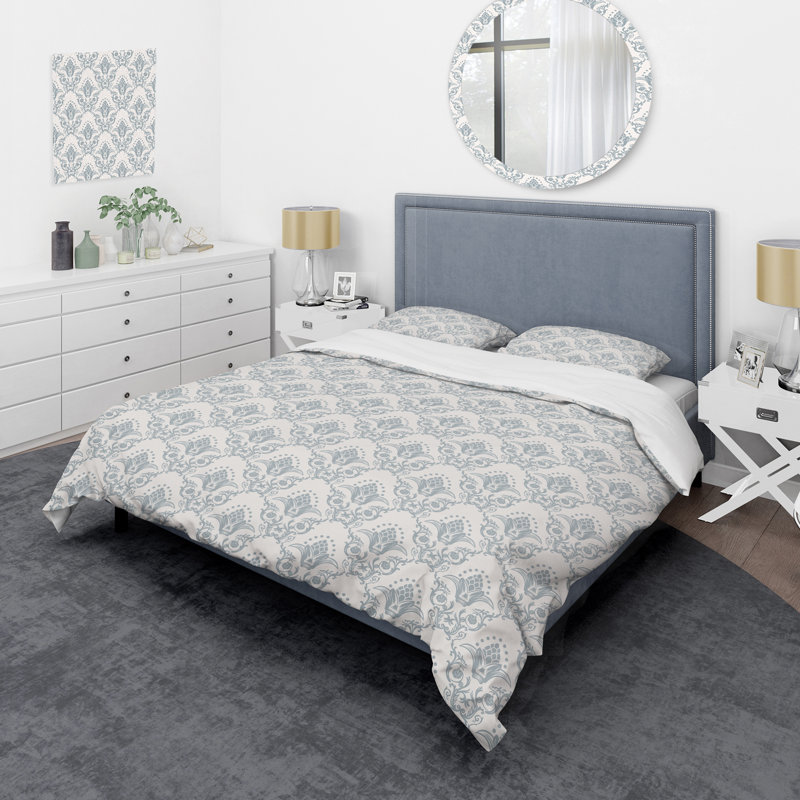 Gris et blanc damassé - ensemble de housse de couette abstrait - microfibre de polyester