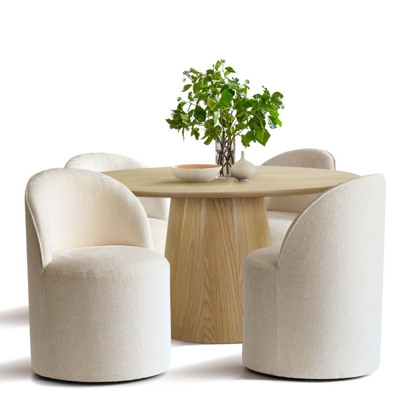 4 - Person Dining Table Sets With 52'' Solid Round Table & 4 Upholstered Chenille Swivel Chairs, Beige, Yellow