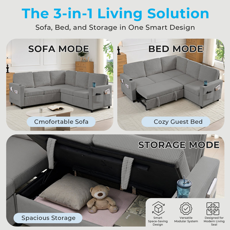 Pull Out Sleeper L Shaped Corduroy Sectional Sofa With Storage Cup Holders, Light Grey, Light Gray Corduroy