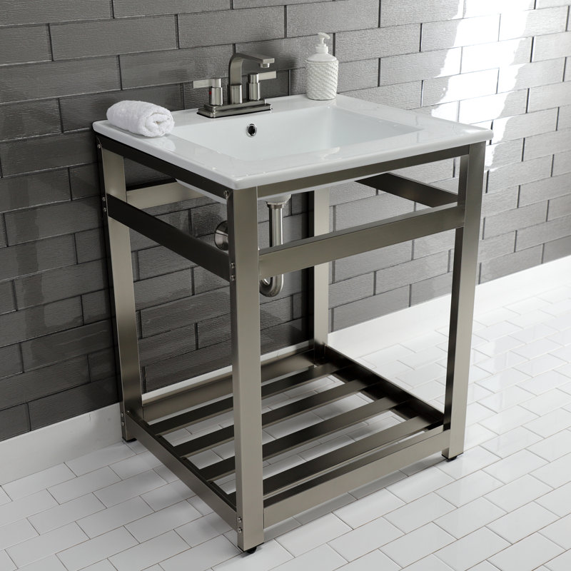 Kingston Brass Quadras 25-Inch Ceramic Console Sink with Stainless Steel Base and Shelf, White/Polished Nickel, 4" Centers