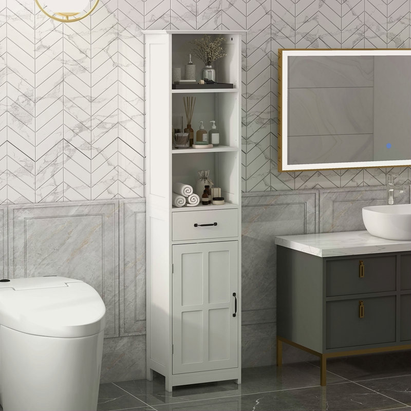 Armoire de rangement mince, armoire de salle de bain haute, tour à linge avec 3 tablettes ouvertes, tiroir, porte encastrée et tablette réglable