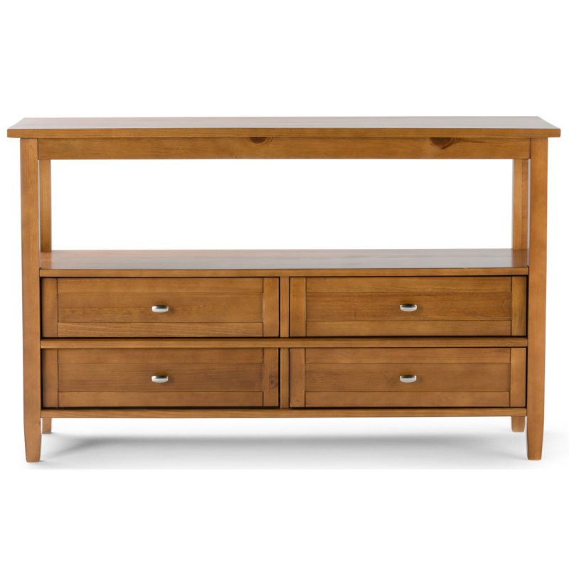 Warm Shaker 48"W Solid Wood Storage Console Table with 4 Drawers and Open Shelf, Light Golden Brown