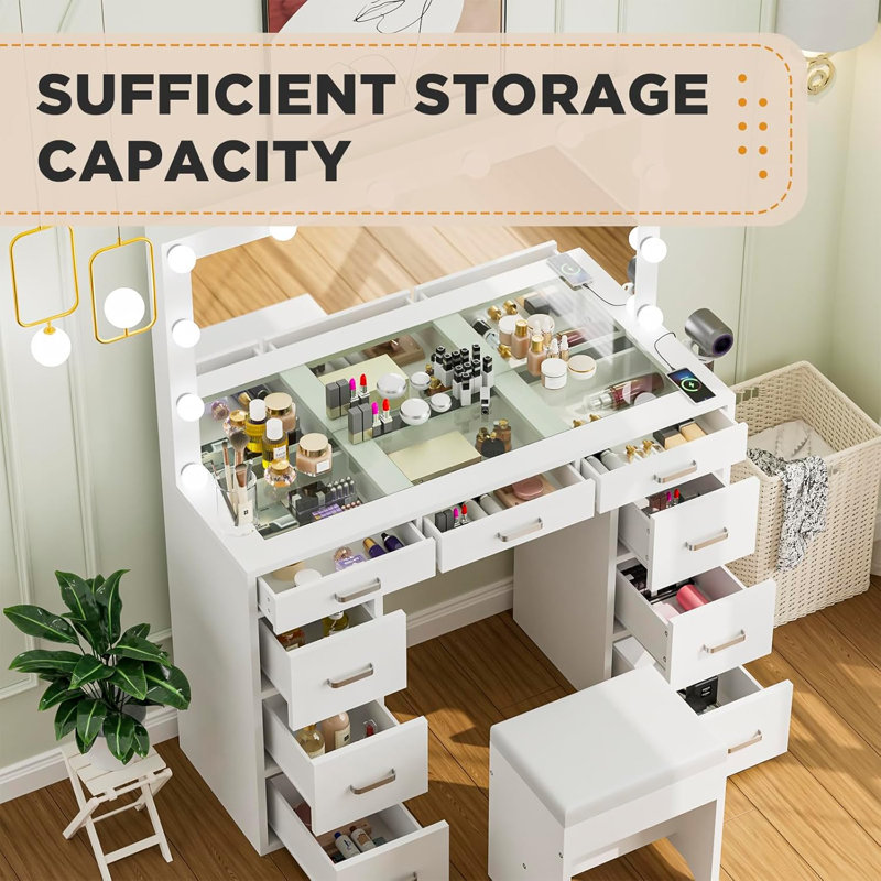 47.2" Extra Large Makeup Vanity With Stool, Lights, Usb & Power Outlet And 9 Drawers