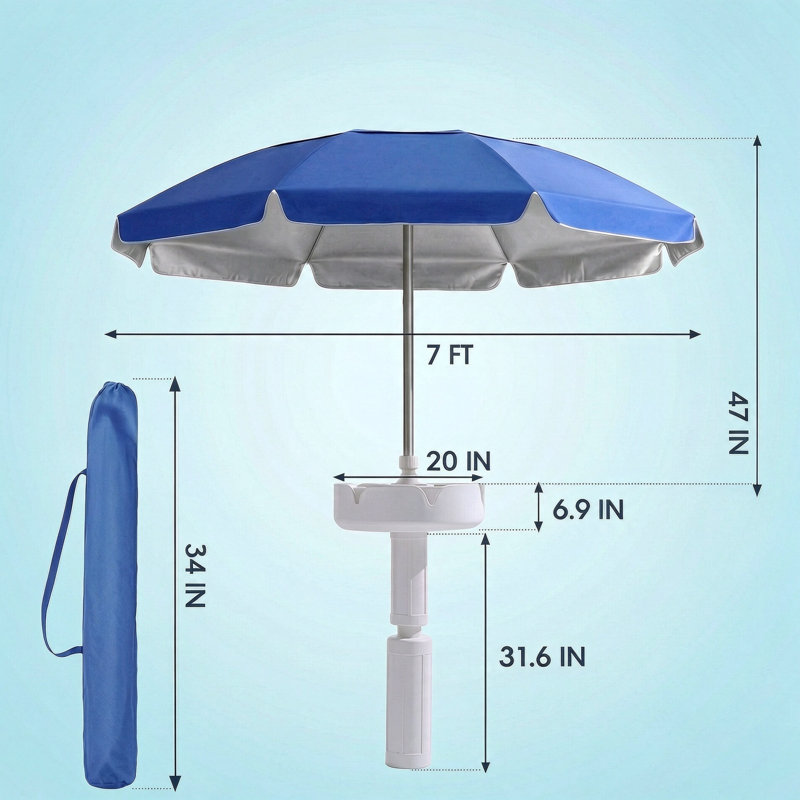 Parasol de piscine flottant 7 pieds avec base et porte-gobelets - Table d'ombrage portable pour piscine, plage et lac avec sac de transport
