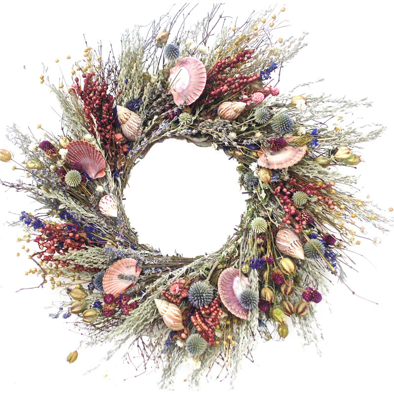 Natural Dried Flower Twigs, Larkspur, Flax, Canella Berries, and Sea Shells Coastal Beach Wreath, 22" H x 22" W x 5" D