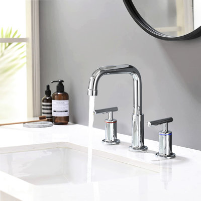 8 In. Double Handle Bathroom Faucet With Pop Up Drain, 360 Swivel, Ceramic Disc Valves, Space Design Widespread, 2 Handles, Rotatable Spout, Leak- Strong Hose