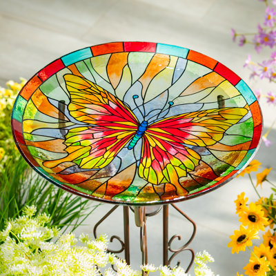 Stained Glass Butterfly Birdbath, 18in
