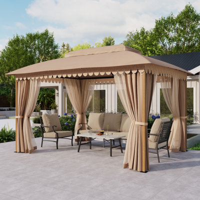 Auvent de jardin ondulé 10 X 13 avec structure en acier à grain de bois, tissu résistant aux intempéries et filet anti-moustique pour l'extérieur