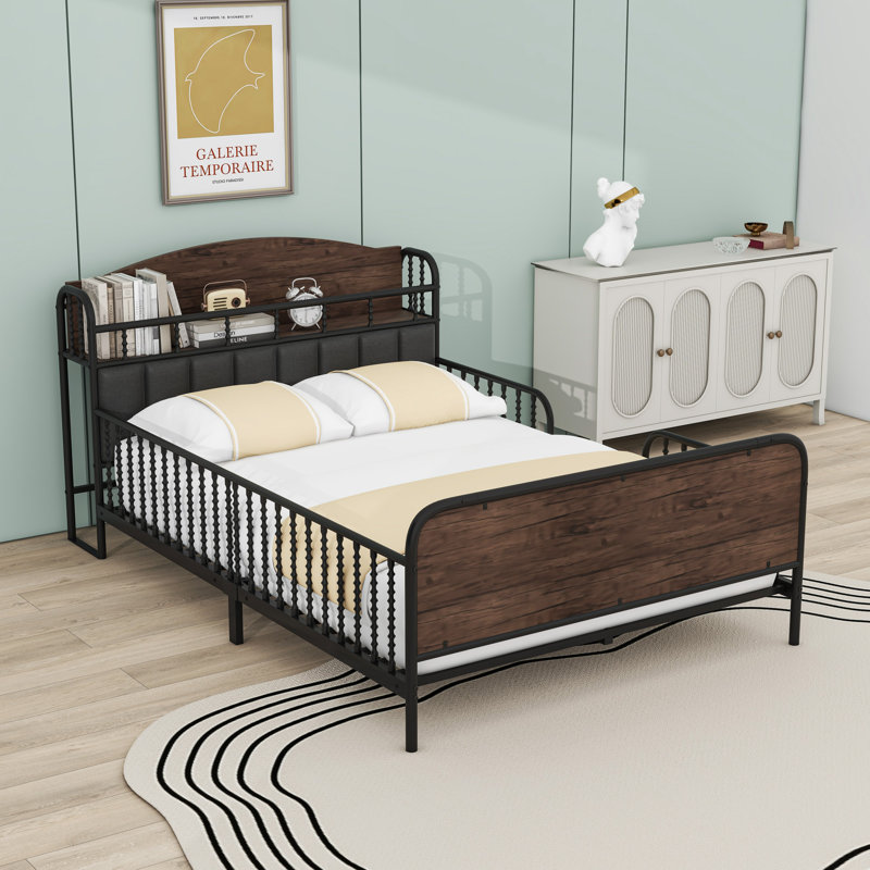 Metal Platform Bed With Light Strips And Upholstered Headboard, Black, Full