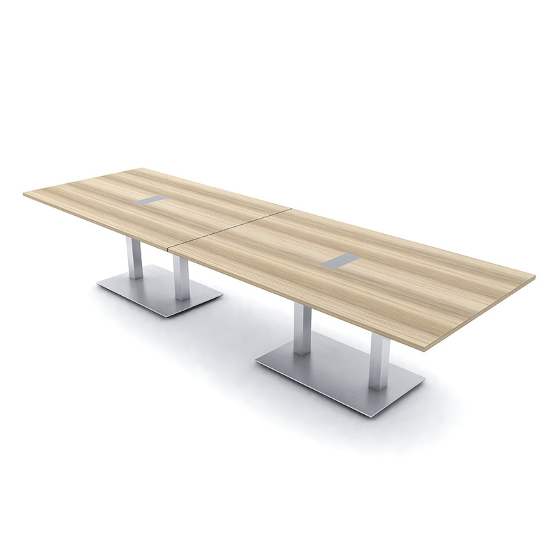 Table de conférence rectangulaire avec base en métal double | Unité électrique, L 144 po x l 48 po, Blond blond cendré