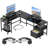 L-shaped Computer Desk With 2 Drawers & Storage Shelves, Home Office Desk With Built-in Outlets & Monitor Stand-875934291