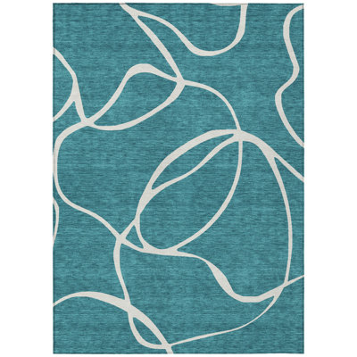 5' X 8' Teal Blue And Ivory Abstract Washable Indoor Outdoor Area Rug