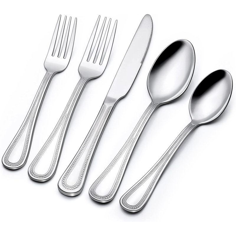 Ensemble de couverts 40 pièces en acier inoxydable 40 pièces pour 8 personnes, couverts polis miroir avec poignée perlée, vaisselle allant au lave-vaisselle pour la maison et le restaurant