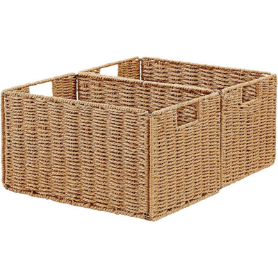 Wicker Storage Basket, Set Of 2 Hand-Woven Paper Rope Wicker Basket, Small Storage Baskets For Organizing Toilet Paper Basket, Foldable Large Cube Storage Organizer Bins For Shelves