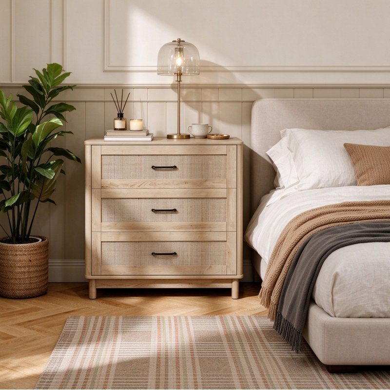 Oak Finish 3 Drawer Dresser,Nightstands, Bohemian Rattan Storage Chest for Home Organisation