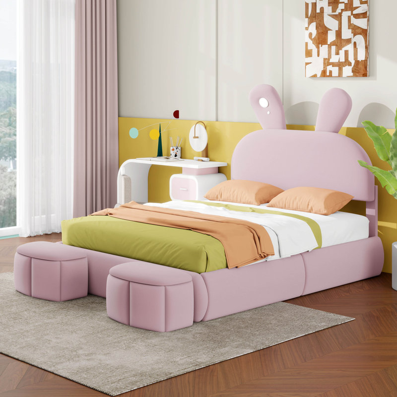 Structure de lit double, lit plateforme tapissier en velours avec tête de lit oreilles de lapin, lumière DEL et 2 tabourets de rangement